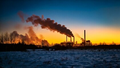Obraz premium Industrial energy power plants working in crisis at dawn in cold winter with gas shortages and continued global supply chain issues
