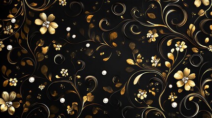 A luxurious floral pattern with swirling gold motifs over a matte black background, enhanced with white pearl accents and subtle shadow effects