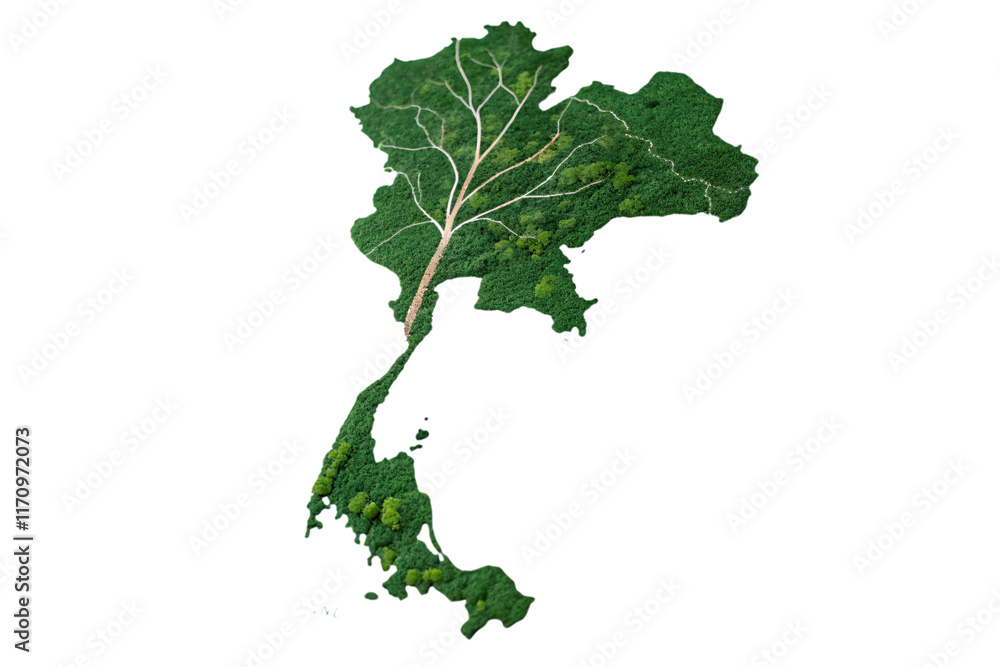 Poster a map of thailand with a branching tree-like pattern, symbolizing the country's natural rivers, fore