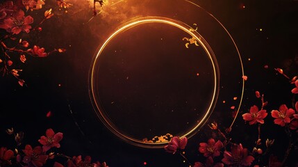 Elegant and festive Chinese New Year background design with a glowing border around the central text area, with subtle gold Chinese motifs and vibrant cherry blossoms at the bottom. -