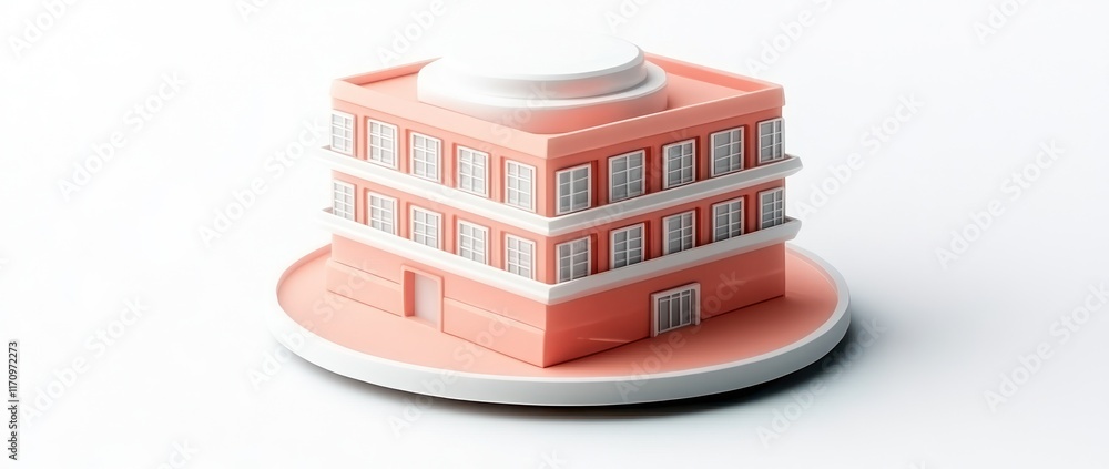 Poster minimalist 3d model of a peach-colored building with white accents on a white background.
