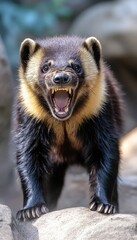 Obraz premium A fierce-looking animal with a roaring expression, showcasing its sharp teeth and fur.