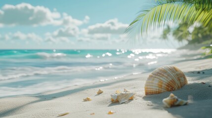 Serene Beach Scene with Seashells and Ocean View