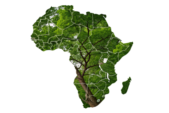 A silhouette of Africa filled with lush green foliage and white outlines of countries, symbolizing environmental richness and unity, isolated on a transparent background