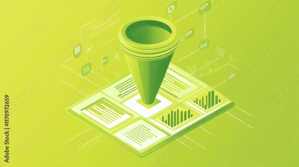 Poster isometric illustration of a green funnel over data analysis charts and graphs.
