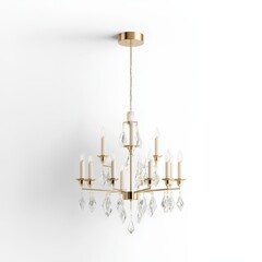 Luxurious Crystal Chandelier with Polished Brass Frame on White Background, Photorealistic Design with LED Candles
