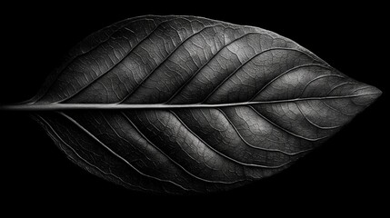 A black and white photo of a leaf on a black background