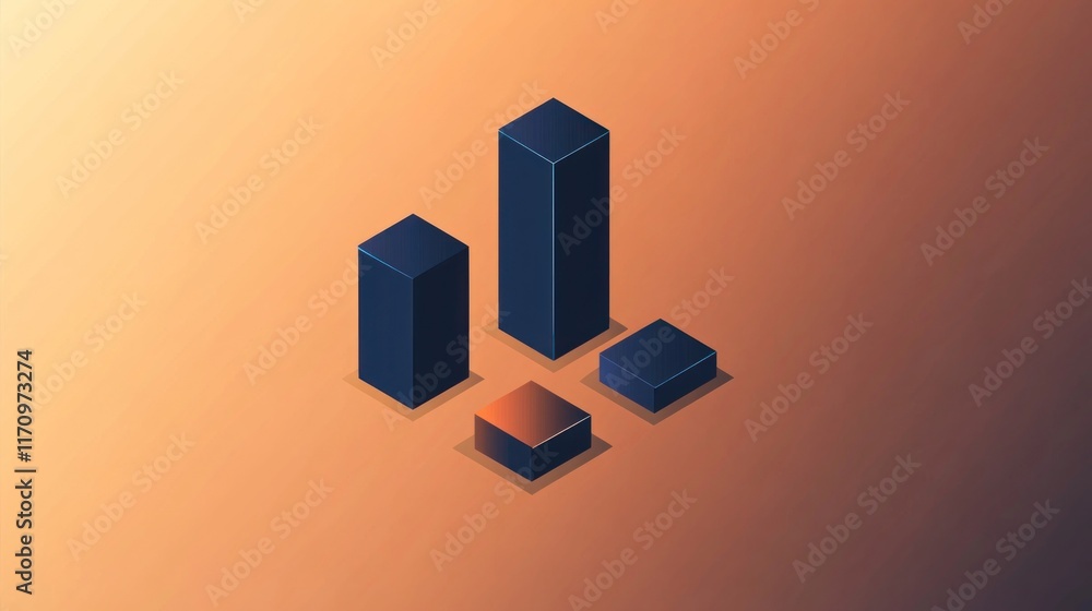 Poster Isometric 3D bar chart graph showing growth, progress, and data visualization on an orange background.