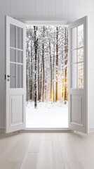 Interior open door, window landscape. Open doors reveal a serene winter landscape with snow-covered...