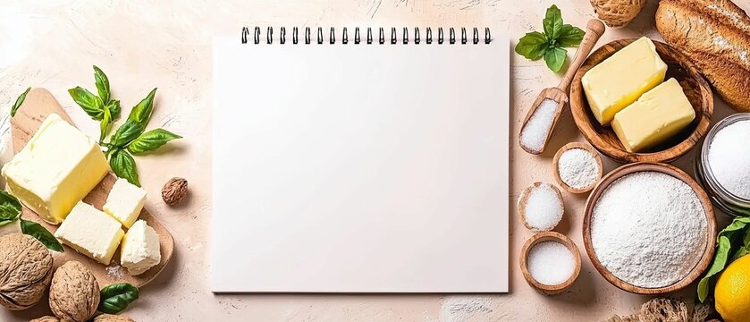 Ingredient food ingredient list concept, A blank notepad surrounded by baking ingredients like butter, eggs, flour, and herbs, perfect for recipe creation.