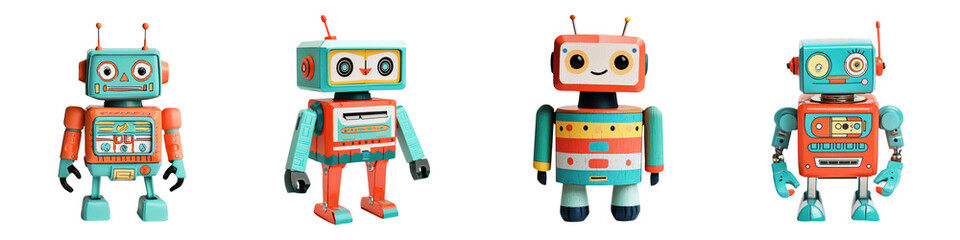 Fototapeta premium Charming Vintage Style Robots with Friendly Expressions Posing Neatly in a Row Against a Clean White Backdrop Representing Futuristic Technology and Innovation