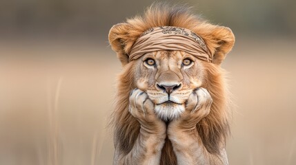 Obraz premium A lion with a bandana on its head in a field