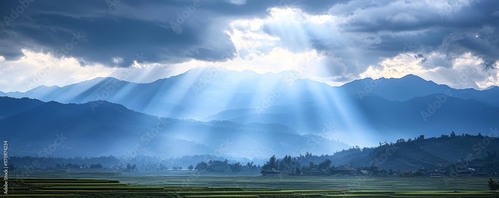 Poster a sweeping view of the sunrise breaking through the mountains at early dawn, accompanied by misty fi
