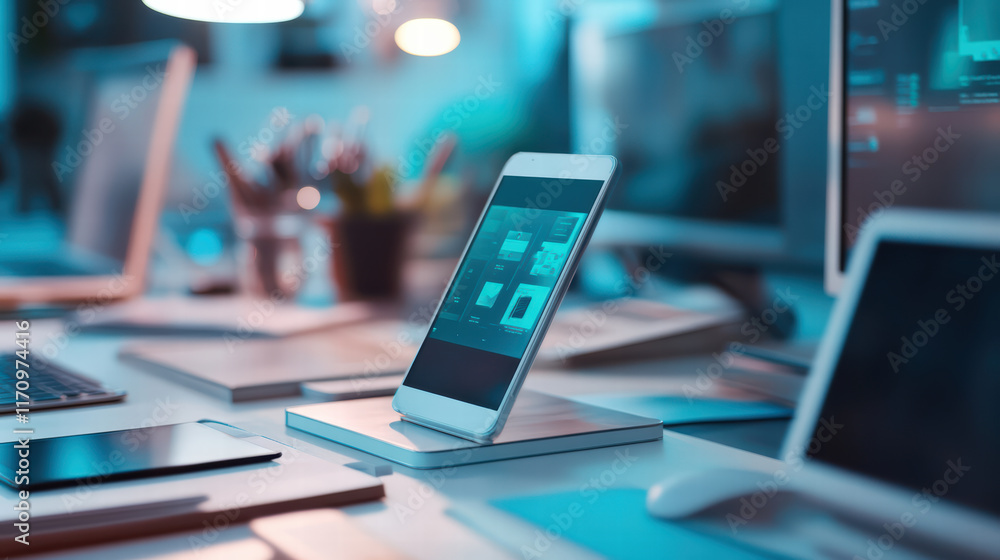 Poster creative workspace featuring 3d smartphone prototype on desk surrounded by modern technology. atmosp