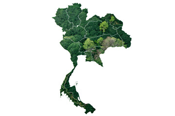Thailand’s map with varying greenery, showing different forest densities and distinct regions, symbolizing ecological diversity, isolated on a transparent background