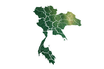 Fototapeta premium Thailand’s map with a topographic green texture, divided into regions, highlighting its forested areas and unique ecological zones, isolated on a transparent background