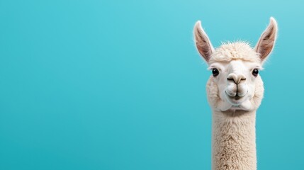 Obraz premium Playful alpaca close-up on blue background fun animal photography