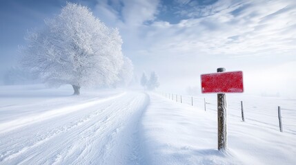 A red sign sitting on the side of a snow covered road