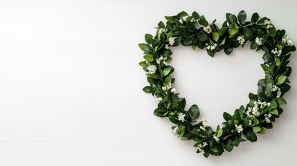 Heart-shaped wooden wreath with green leaves indoor decor