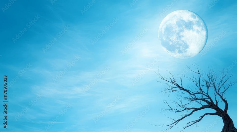 Wall mural a lone tree in the middle of a field with a full moon in the background