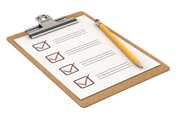 Wooden clipboard featuring a checklist with red ticks, accompanied by a yellow pencil positioned diagonally over the sheet for an organized look, isolated on a transparent background