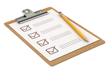 Wooden clipboard featuring a checklist with red ticks, accompanied by a yellow pencil positioned diagonally over the sheet for an organized look, isolated on a transparent background