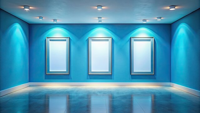 A 3D-rendered panoramic of a minimalist, contemporary art space. Sky-blue walls showcase empty frames in this modern gallery's interior design.