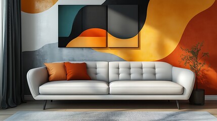 A clean, modern living room with a sofa and abstract wall art in 3D rendering.