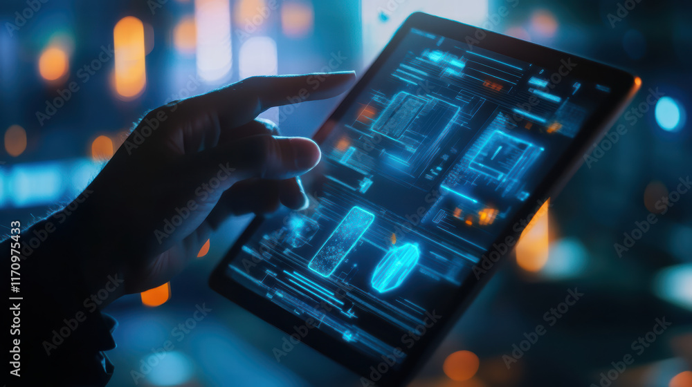 Poster person interacting with futuristic tablet displaying holographic data and designs, showcasing advanc