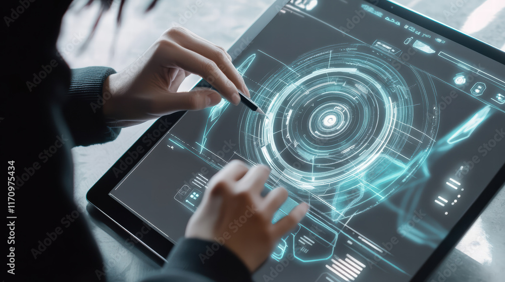Poster person using tablet to design futuristic technology concepts with stylus, showcasing intricate digit