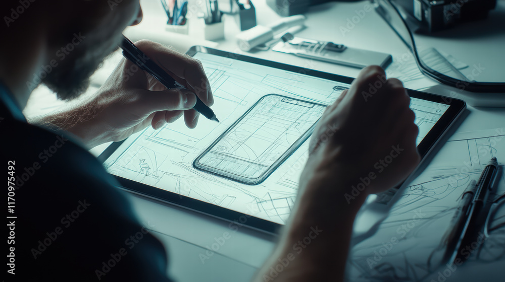 Aufkleber designer sketching 3d smartphone concepts on tablet, showcasing creativity and innovation in technol