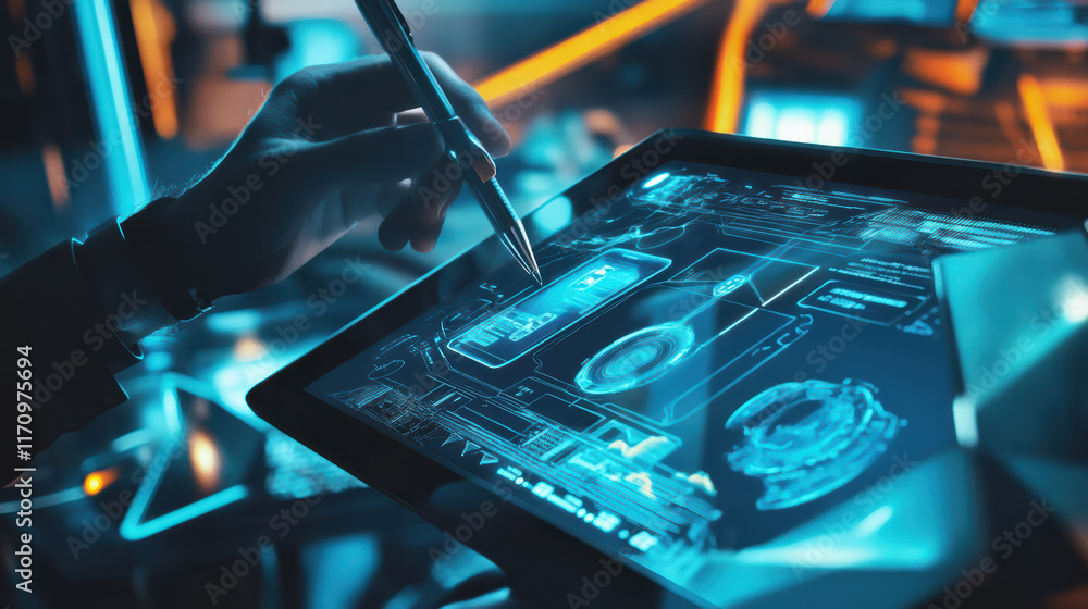 Aufkleber designer sketching 3d smartphone concepts on tablet, showcasing innovative technology and futuristic