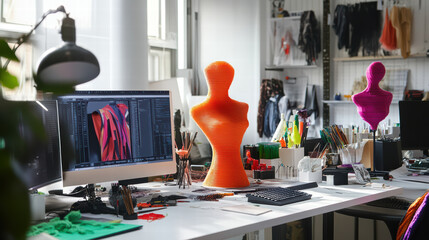 designer workspace featuring vibrant 3D printed fashion forms, computer with design software, and various creative tools. atmosphere is inspiring and colorful