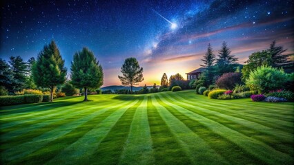 A beautiful night scene:  summer's starry sky blankets a lush, dark lawn.