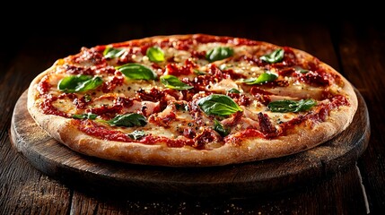 A pizza sitting on top of a wooden cutting board