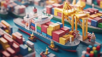 Miniature cargo ships and container port.