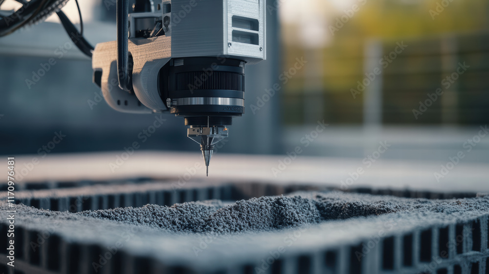 Poster detailed view of 3d printer nozzle working on layer of gray material, showcasing precision and techn
