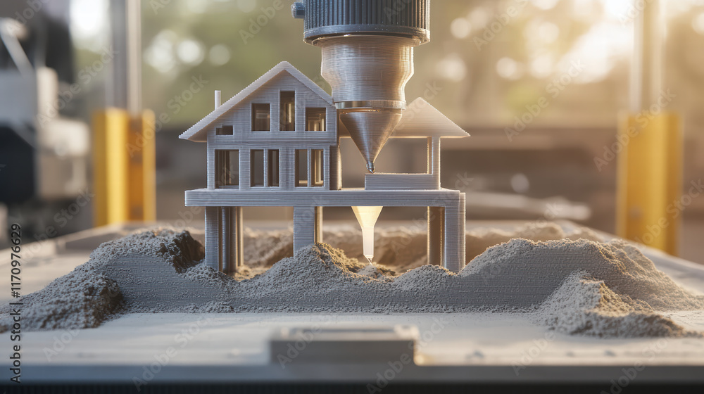 Poster detailed view of 3d printer nozzle creating miniature house model from sand like material, showcasin