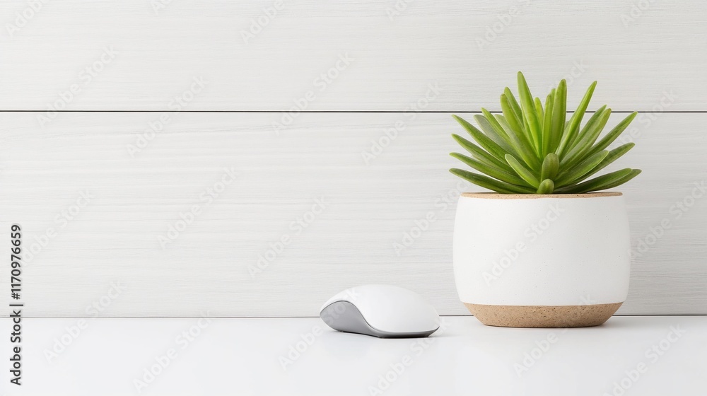 Poster minimalist workspace with computer mouse and succulent plant.