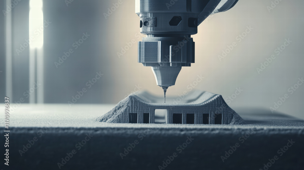 Poster detailed view of 3d printer nozzle working on model, showcasing precision and technology in additive
