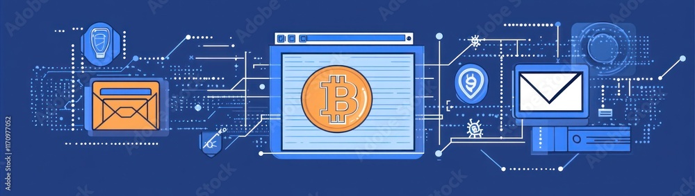 Poster Bitcoin digital currency online transaction process displayed on a computer screen with email and security icons.