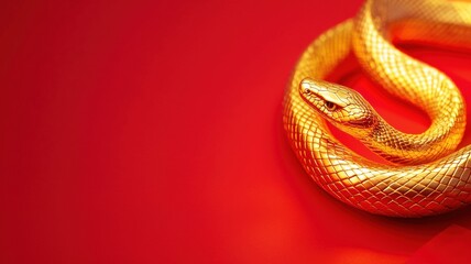 Fototapeta premium Chinese new year (Snake year) background. Golden snake coiled on a vibrant red background, symbolizing luxury and elegance.