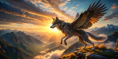Fototapeta premium Majestic Anthropomorphic Wolf Soaring Above Mountain Peaks - Aerial View