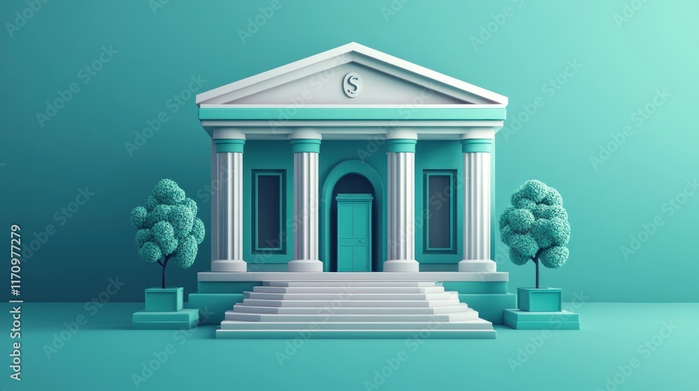 Poster teal neoclassical building with columns, steps, and trees on a teal background.