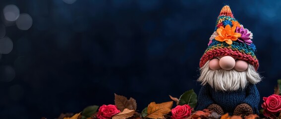 Naklejka premium Happy gnome in colorful knit hat surrounded by flowers nature