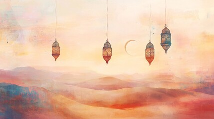 Obraz premium Ornate Lanterns Hanging Serenely Over a Desert Landscape at Sunset