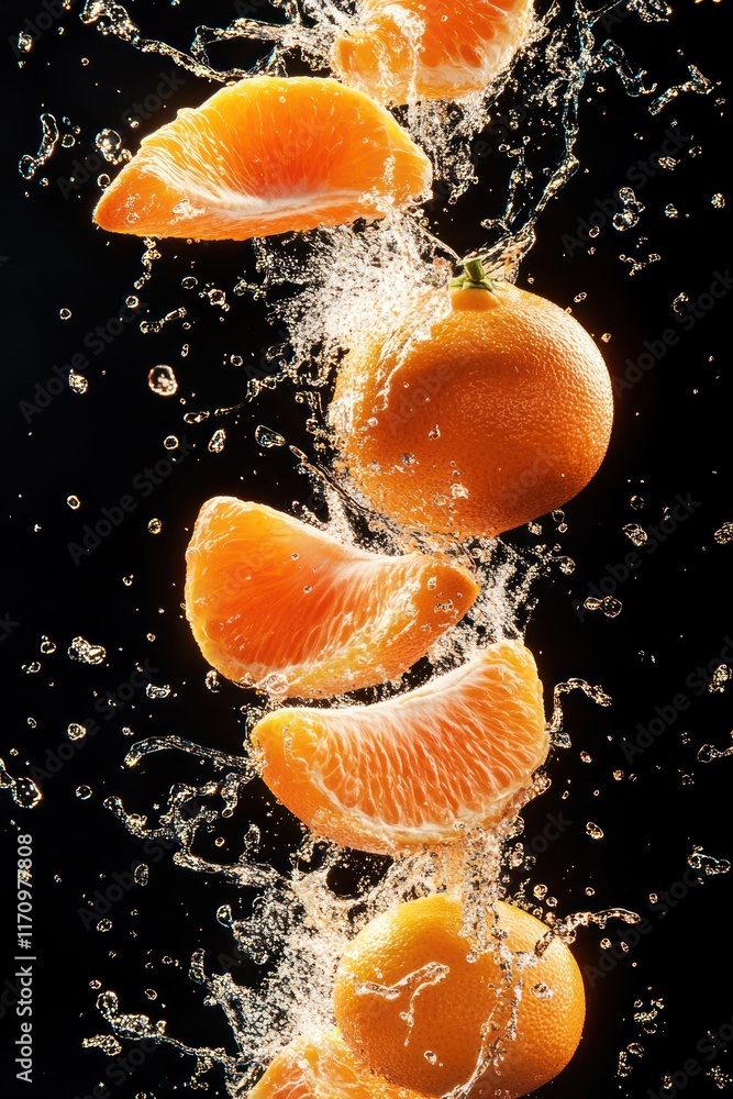 Poster mandarin oranges and segments splashing in water against a black background.