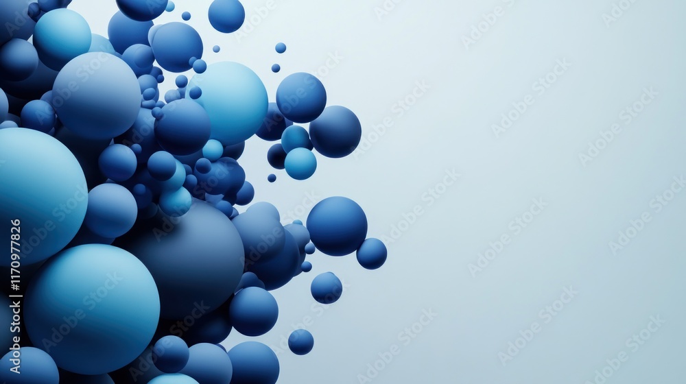 Aufkleber abstract 3d rendering of various sized blue spheres against a light blue background.