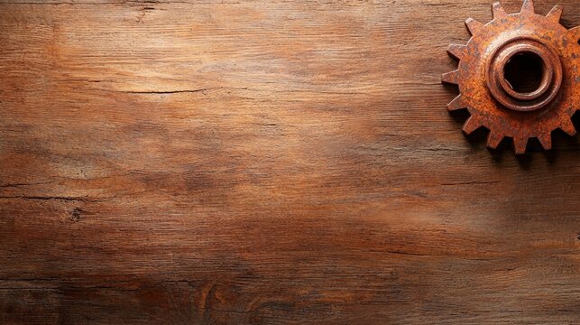 A rusty gear on a wooden surface