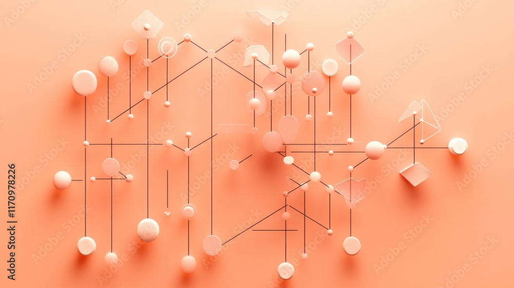 Poster Abstract peach coral 3D geometric shapes connected by thin lines on a peach background.